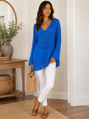 Johnny Was Embroidered Eyelet Tunic Top